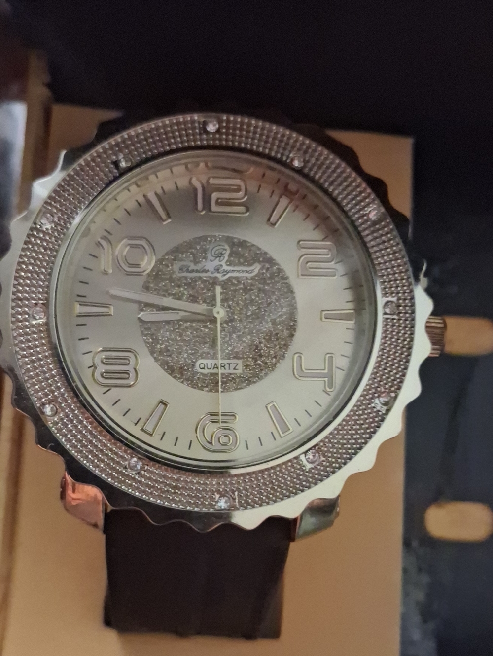 Men's Silver Quartz Watch with Glitter Dial and Black Strap